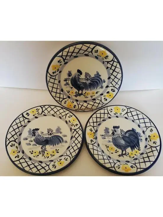 Rooster Dinner Plates Blue White Yellow Flower Spring 10 1/4" Bella Casa By Ganz - Picture 6 of 10